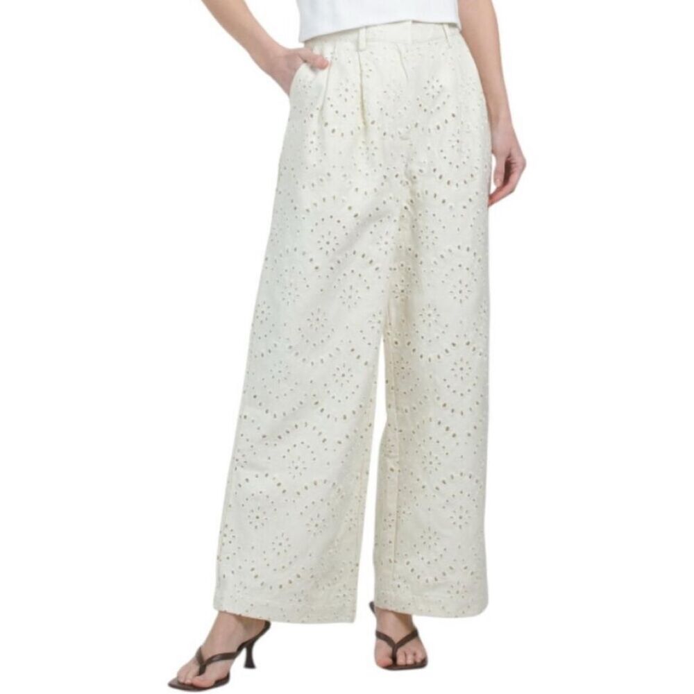 Caroline Constas 100% Cotton Eyelet Wide Leg Pants S Boho Coastal
